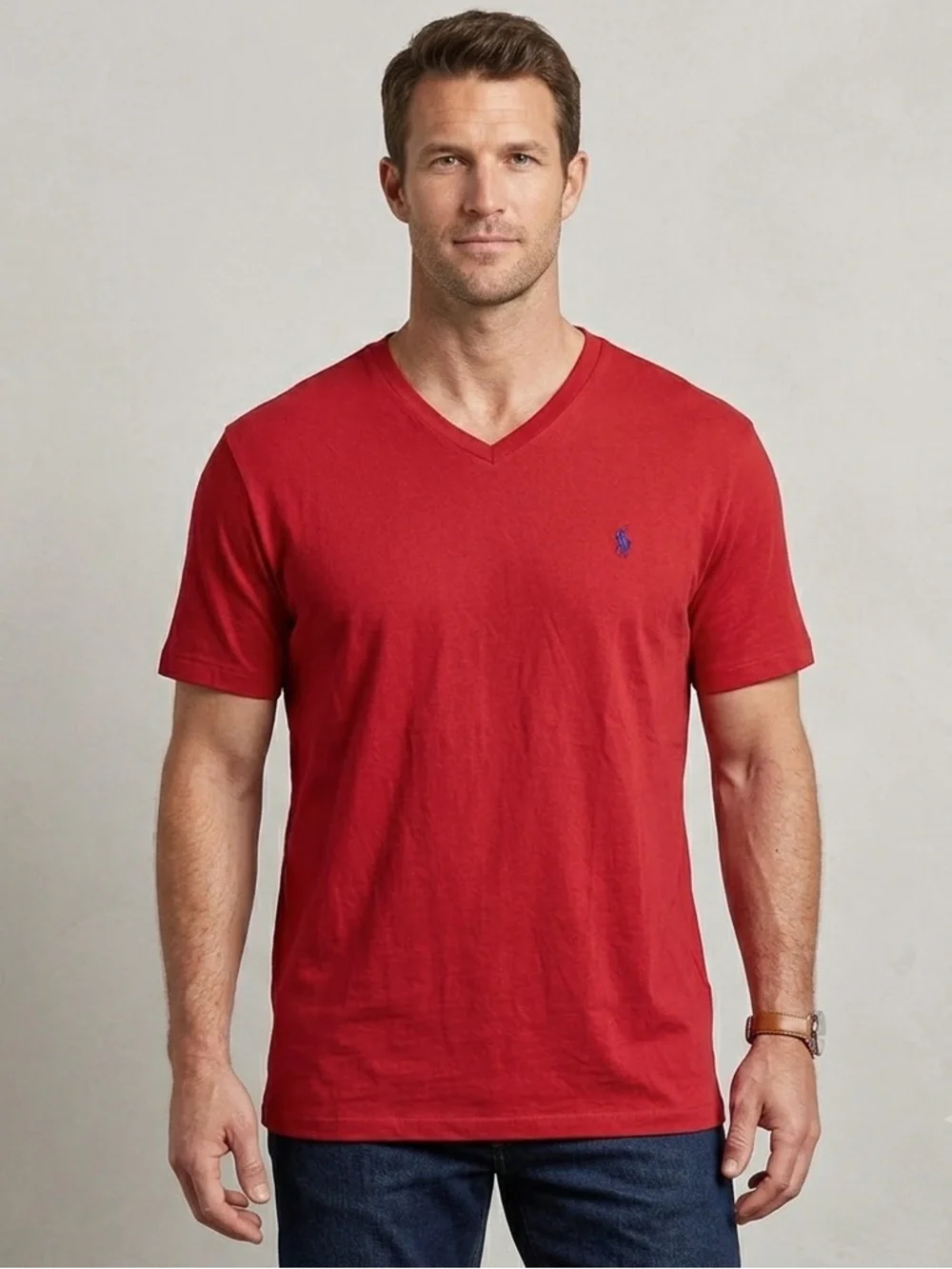 Polo by Ralph Lauren Red V‑Neck Short Sleeve Tee Navy Pony, Men’s Size Large